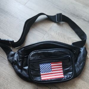 Black Patchwork Lamb Skin Waist Bag with American Flag Patch
